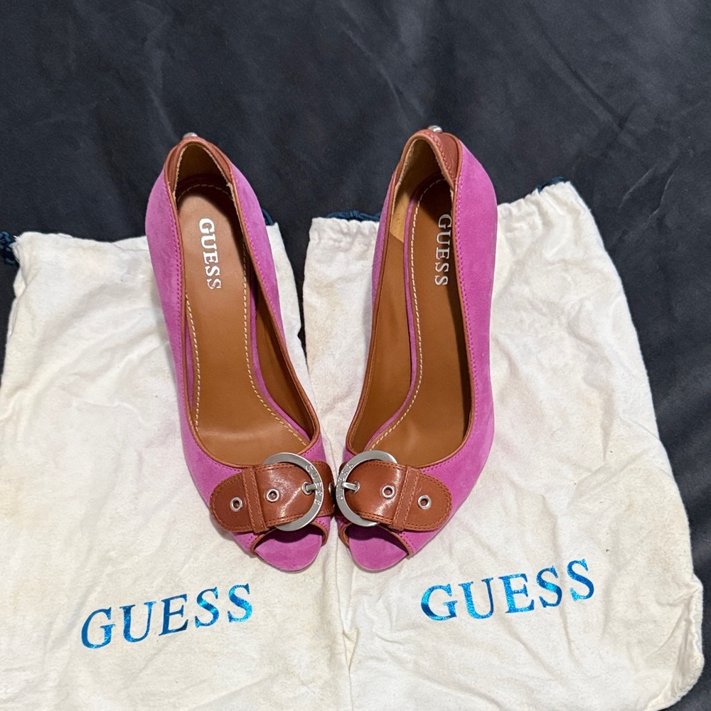 Guess Chic Pink and Brown Peep Toe Heels